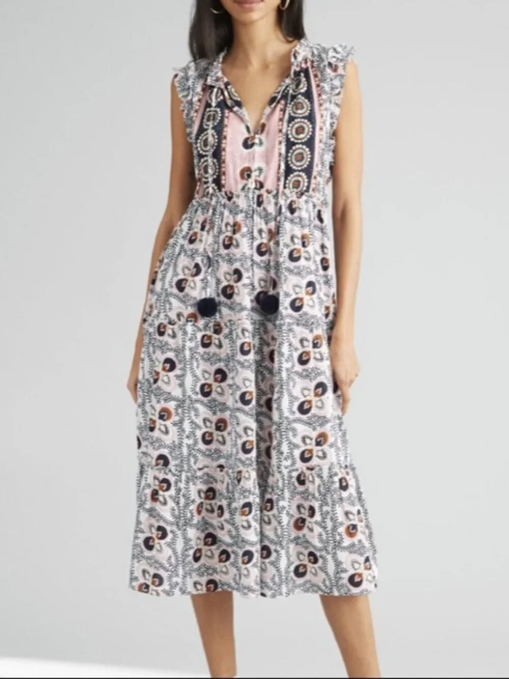 FIGUE Clara Tiered Midi Dress in Water Lily Brown Flowy Boho Sleeveless Shift LG